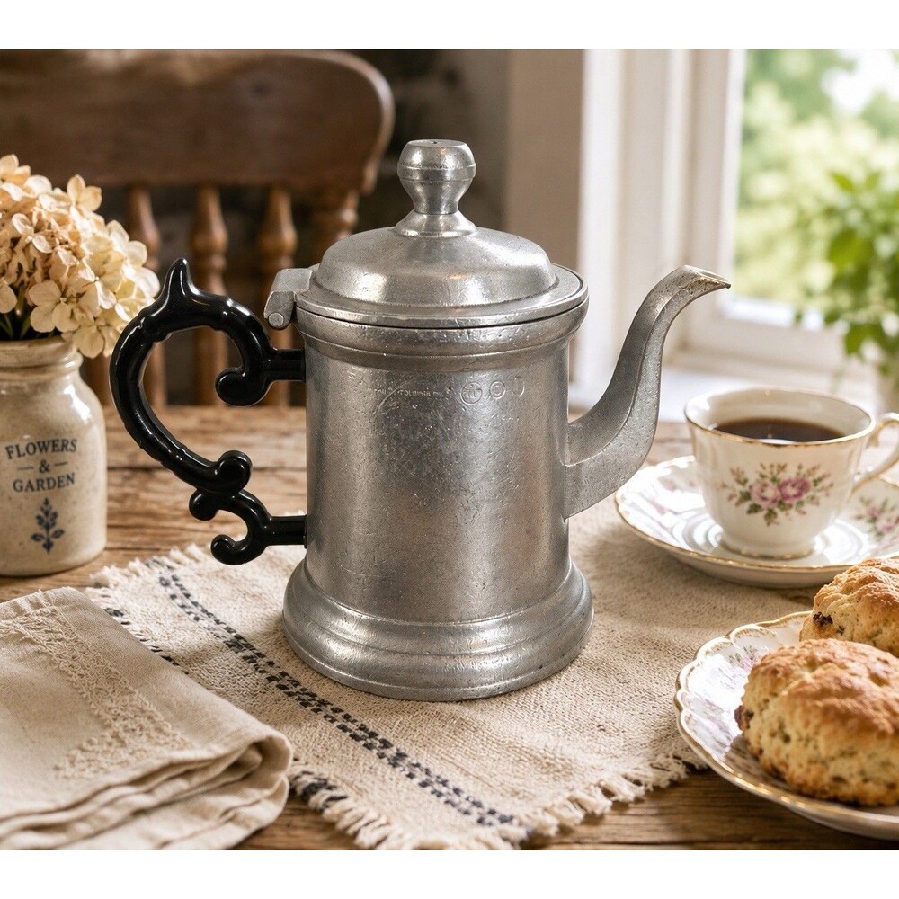Vintage Wilton Armetale Pewter Coffee Tea Pot Black Handle Tankard Pitcher 8in